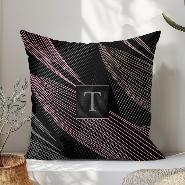 Modern Elegant Botanical Lines Pink Grey Black  Throw Pillow (Creator Uploaded)