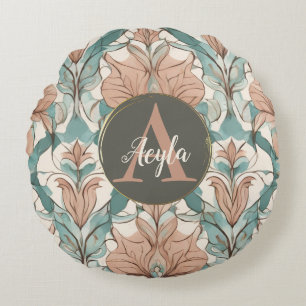 Modern Elegant Botanical Pink Floral Damask Round Pillow