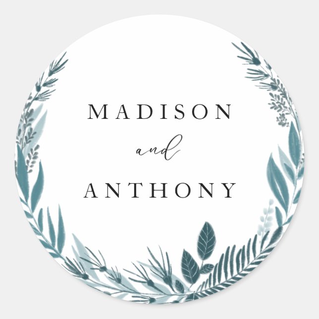 Modern Elegant Botanical Teal Blue Wreath Wedding  Classic Round Sticker (Front)