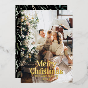 Modern elegant botanical typography photo black foil holiday card