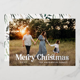 Modern elegant botanical typography photo foil holiday card