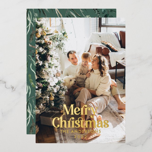 Modern elegant botanical typography photo sage foil holiday card (Front/Back)
