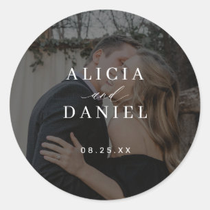 Modern elegant bride groom name date photo wedding classic round sticker