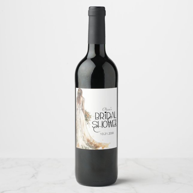 Modern Elegant Bride in Wedding Gown Bridal Shower Wine Label (Front)