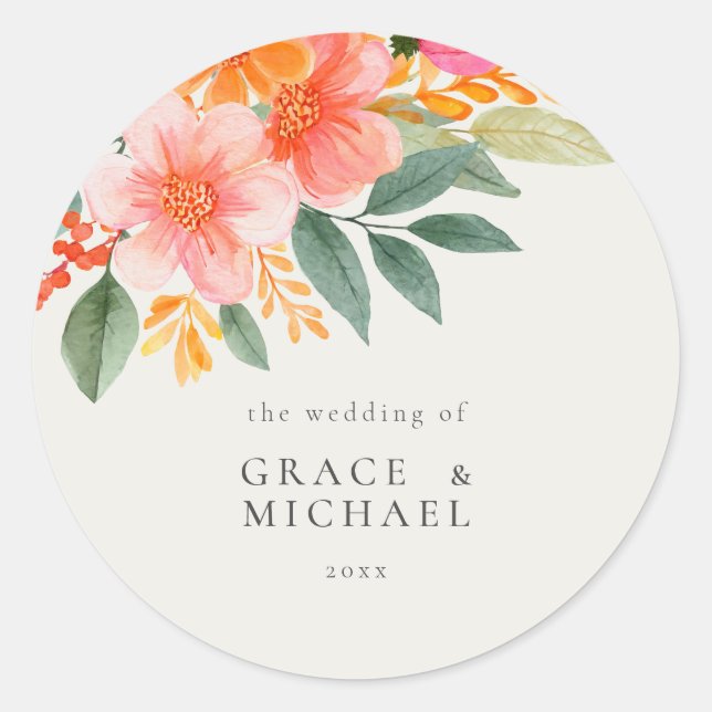 Modern Elegant Bright Floral Wedding Classic Round Sticker (Front)