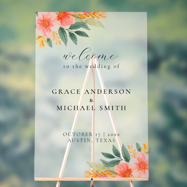 Modern Elegant Bright Floral Wedding Welcome Acrylic Sign (Neutral)
