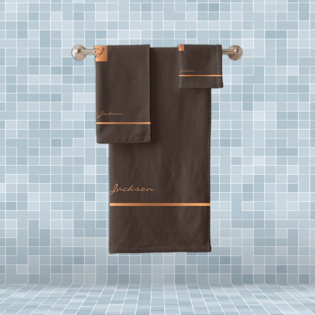 Modern elegant brown gold chic monogrammed stripes bath towel set (Creator Uploaded)