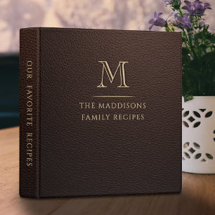Modern Elegant Brown Leather Gold Monogram Recipe Binder