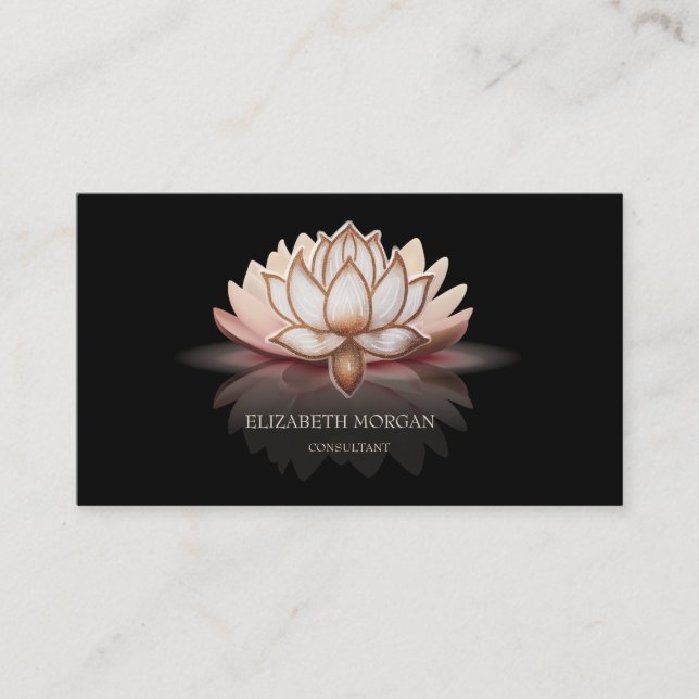 Modern Elegant Brown Lotus Black Business Card (Front)