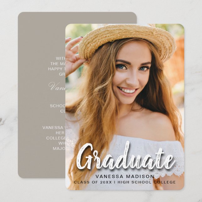 Modern Elegant Brush Script | Trendy Photo Grad Announcement (Front/Back)