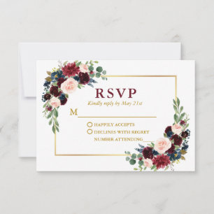 Modern Elegant Burgundy Blue Floral Wedding Gold  RSVP Card