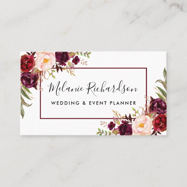 Modern Elegant Burgundy Floral Framed Business Card (Front)