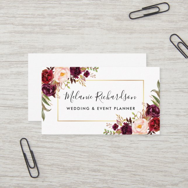 Modern Elegant Burgundy Floral Gold Frame Business Card (Front/Back In Situ)