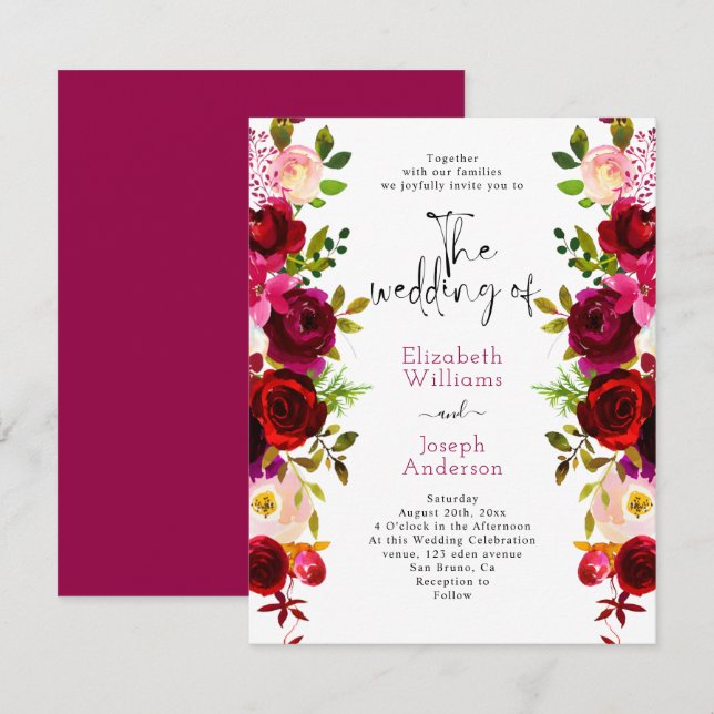 Modern Elegant Burgundy Floral Roses Pink Wedding  Invitation (Front/Back)
