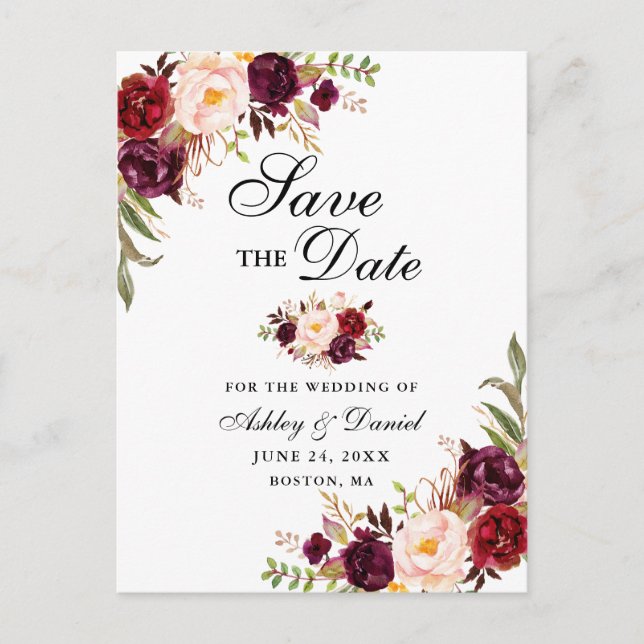 Modern Elegant Burgundy Floral Save the Date Blk Announcement Postcard (Front)