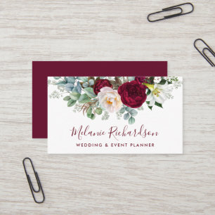 Modern Elegant Burgundy Floral Watercolor Greenery Business Card
