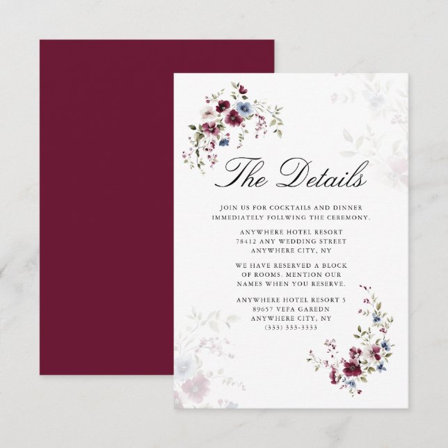 Modern Elegant Burgundy Floral Wedding Details Enclosure Card (Front/Back)