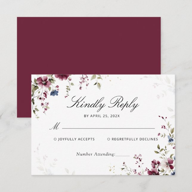 Modern Elegant Burgundy Floral Wedding RSVP (Front/Back)