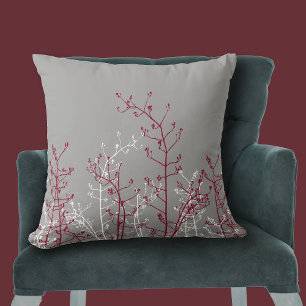 Modern Elegant Burgundy Flowers on Grey Throw Pillow