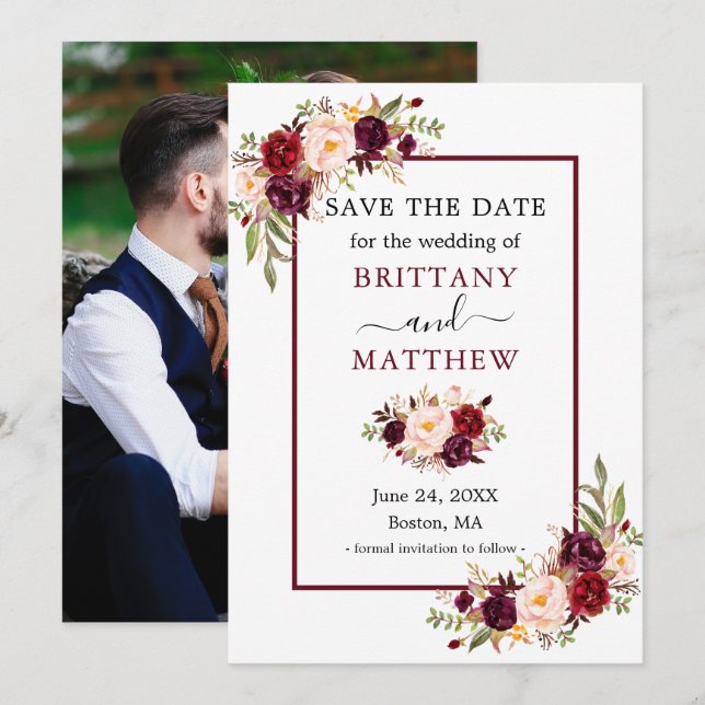 Modern Elegant Burgundy Frame Floral Photo Save The Date (Front/Back)