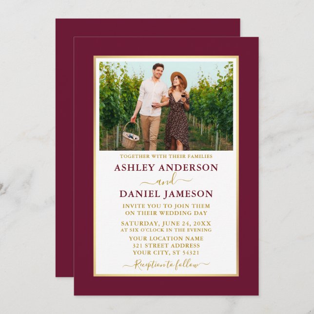 Modern Elegant Burgundy Gold Wedding Invitation (Front/Back)