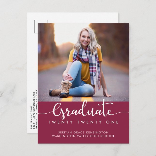 Modern Elegant Burgundy Graduation Script Photo  Announcement Postcard (Front/Back)