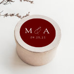 Modern Elegant Burgundy Monogram Wedding Classic Round Sticker<br><div class="desc">Elegant monogram wedding stickers featuring your initials displayed in white lettering on a burgundy background (or colour of your choice). Personalize the modern wedding stickers with your wedding date below. The burgundy monogram stickers are perfect for sealing wedding invitation envelopes,  wedding favours,  and more!</div>