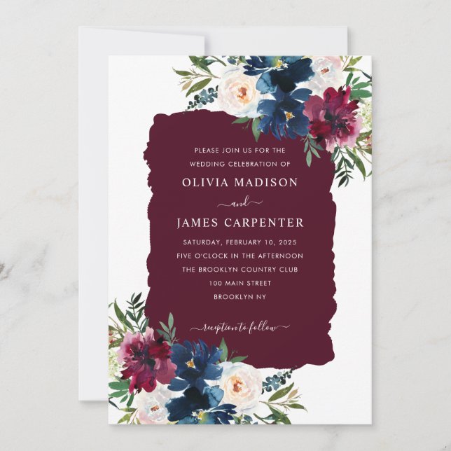 Modern Elegant Burgundy Navy Blue Floral Wedding Invitation (Front)