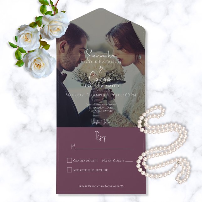 Modern Elegant Burgundy Photo No Dinner All In One Invitation (Creator Uploaded)