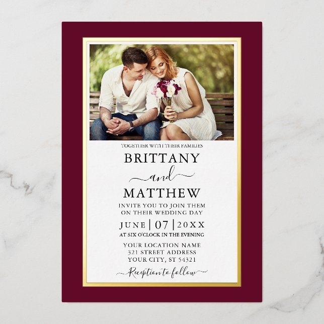 Modern Elegant Burgundy Photo Wedding Gold (Front)