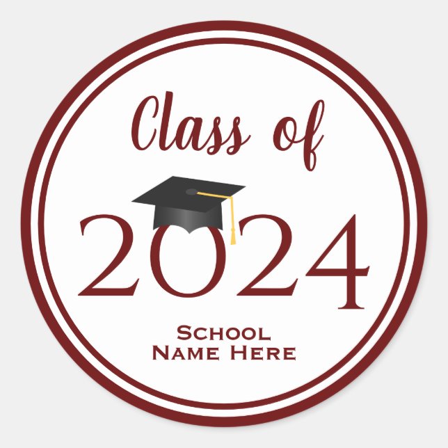 Modern Elegant Burgundy Red Typography Graduation Classic Round Sticker (Front)