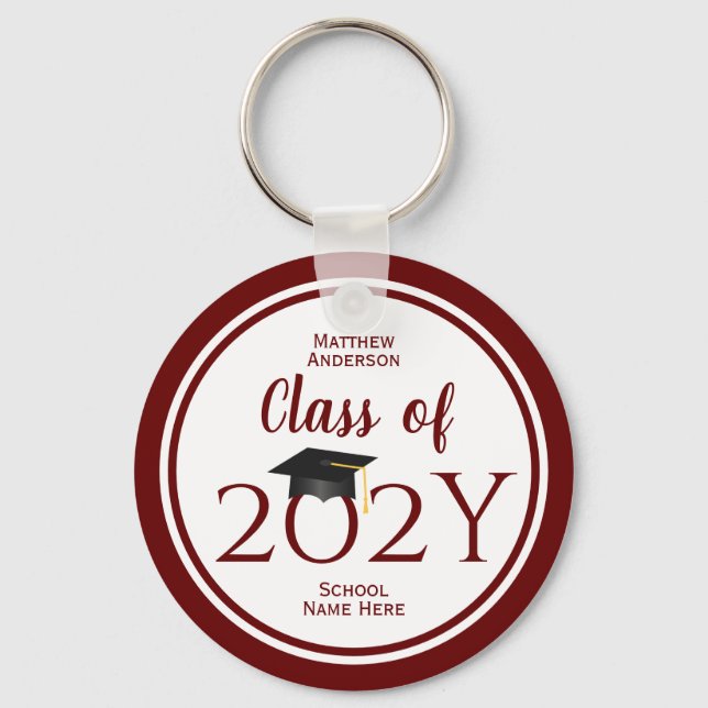 Modern Elegant Burgundy Red Typography Graduation Keychain (Front)