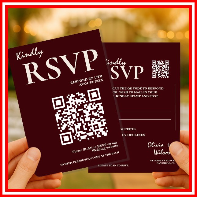 Modern Elegant Burgundy Wedding QR CODE RSVP Enclosure Card (Creator Uploaded)