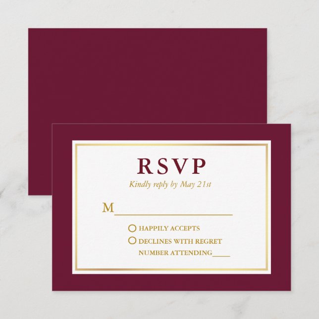 Modern Elegant Burgundy White Gold RSVP Card (Front/Back)