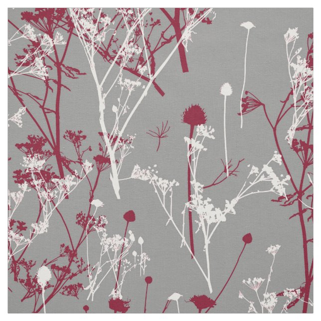 Modern Elegant Burgundy Wildflowers on Grey Fabric (Swatch)