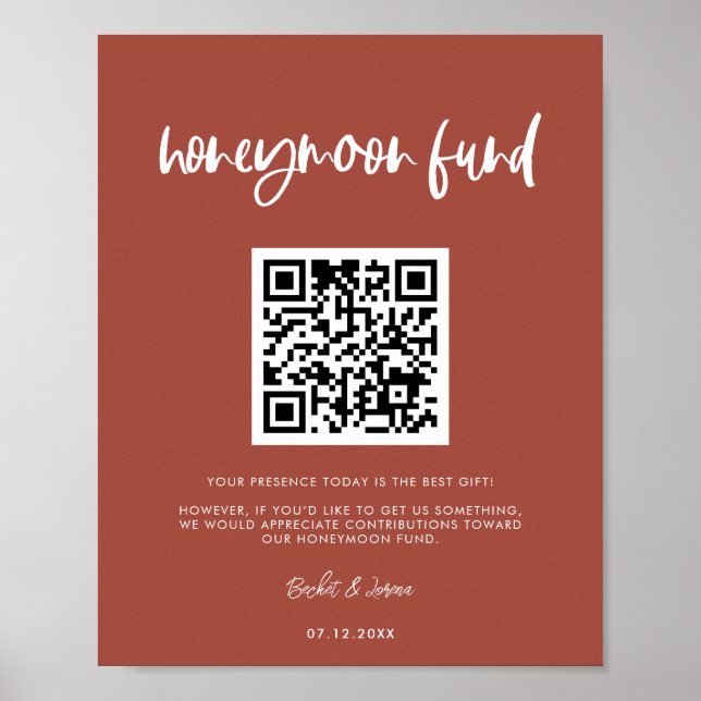 Modern elegant burnt brick Honeymoon fund QR code Poster (Front)