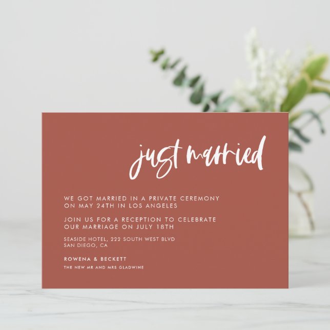 Modern elegant burnt brick Just married Invitation (Standing Front)