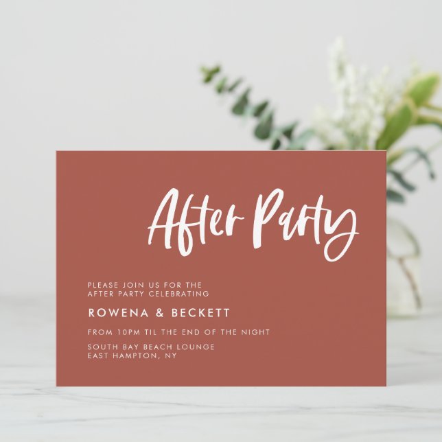 Modern elegant burnt brick wedding after party invitation (Standing Front)