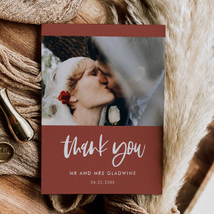 Modern elegant burnt brick wedding photo thank you card