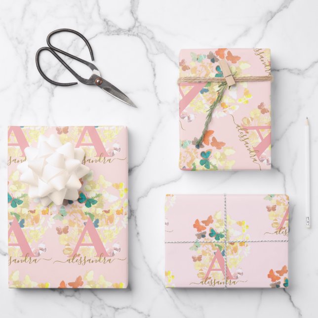 modern elegant butterfly monogram blush gold name wrapping paper sheet (Front)