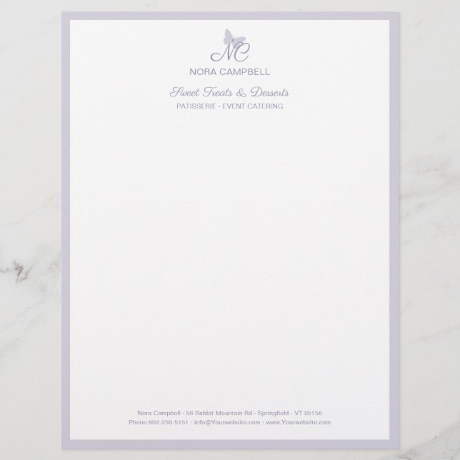 Modern Elegant Butterfly Monogram Lavender Border Letterhead (Front)