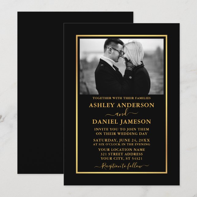Modern Elegant BW Photo Gold Wedding Invitation (Front/Back)