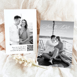 Modern Elegant Calligraphy 2 Photo QR Code Wedding Save The Date
