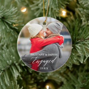 Modern Elegant Calligraphy Couple Photo Engaged Ceramic Ornament
