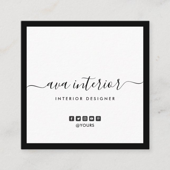 Modern Elegant Calligraphy Designer B&W Social Square Business Card (Front)