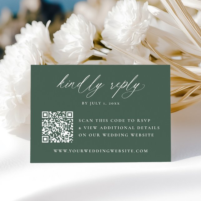 Modern Elegant Calligraphy Green QR Code Wedding RSVP Card (Creator Uploaded)