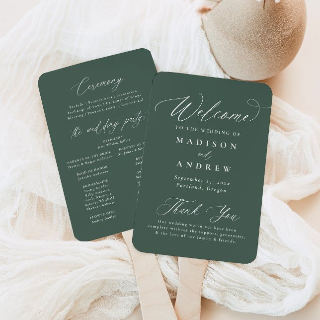 Modern Elegant Calligraphy Green Wedding Program Hand Fan (Creator Uploaded)