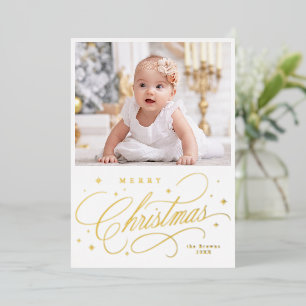 Modern Elegant Calligraphy Merry Christmas Photo Foil Holiday Card