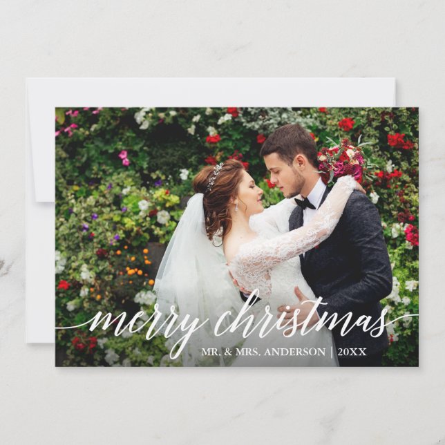 Modern Elegant Calligraphy Merry Christmas Wedding Holiday Card (Front)