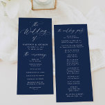 Modern Elegant Calligraphy Navy Wedding Program<br><div class="desc">This elegant wedding program features the phrase "The Wedding of" in graceful white calligraphy set against a sophisticated navy background. Personalize it with your names, wedding date, and ceremony details in bold white lettering, creating a striking and organized presentation for your guests. The program reverses to display the names of...</div>